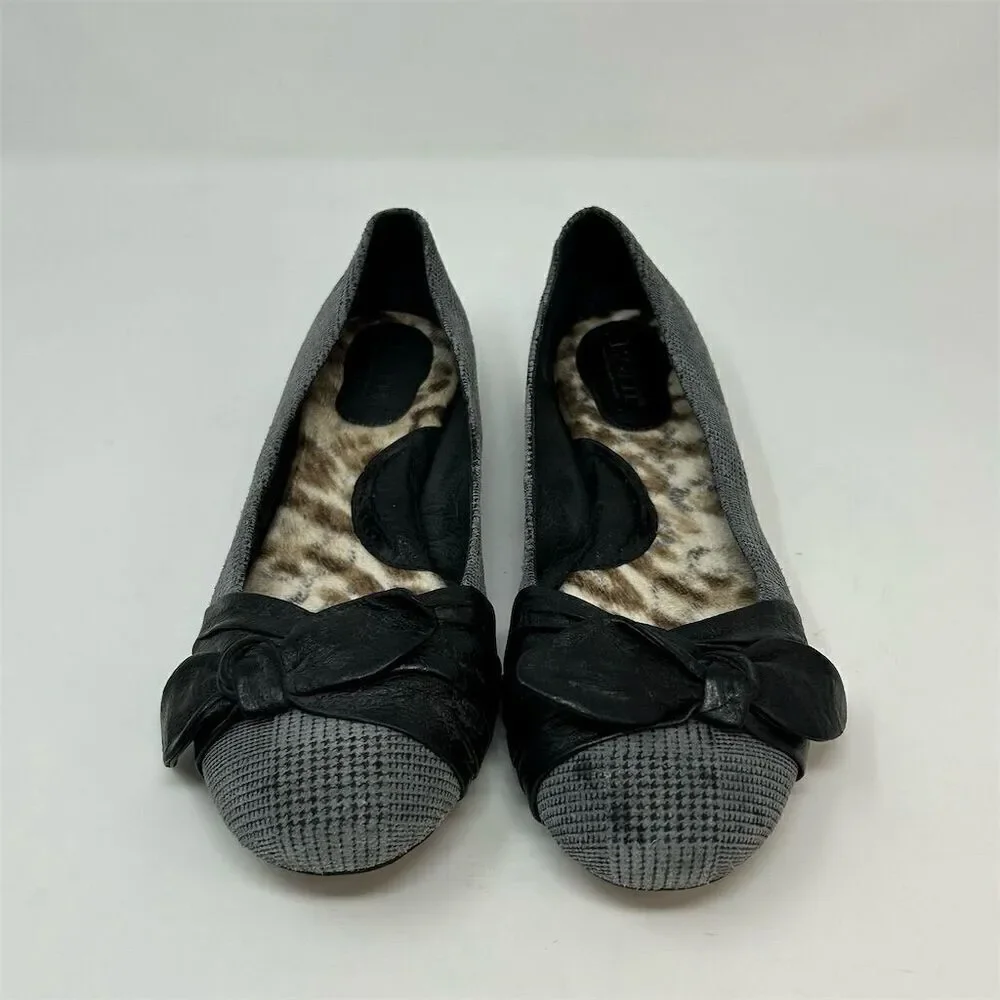 Born Women's Molly Ballet Flats Gray Plaid Black Bold Bow Size 9 Casual Fall